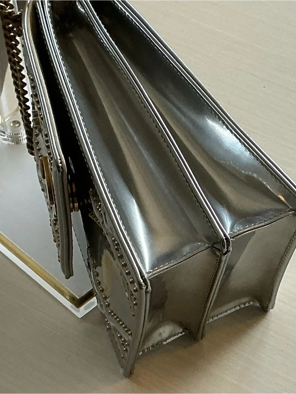 Authentic Christian Dior Diorama Vertical Clutch On Chain Studded Silver Leather